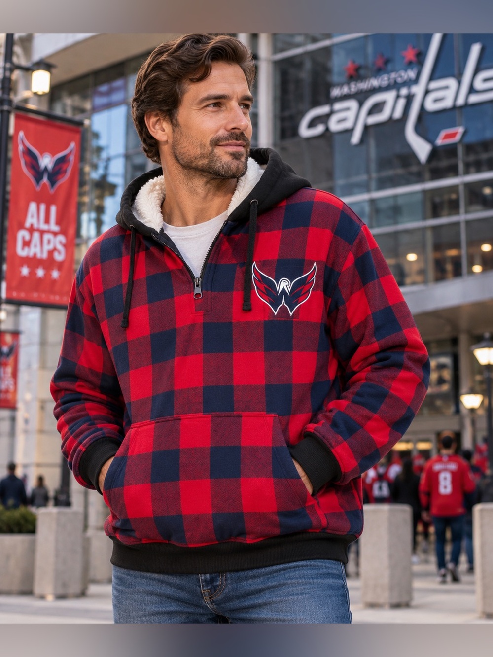 Men’s Washington Capitals NHL Buffalo Plaid Sherpa Lined Hoodie Red Navy L